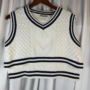 Arizona Women’s Sweater Vest Cable Knit Cropped Cream Blue Size S Y2K Oversized